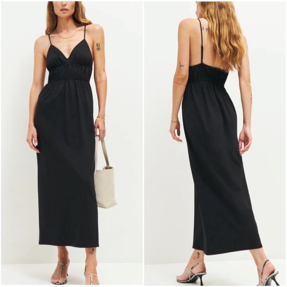 REFORMATION Aleyza Knit Maxi Dress V-Neck Spaghetti Strap Smocked Midi Black